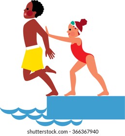 Girl pushing another child in the pool. Swimming pool rules. Vector