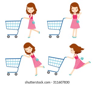 Girl pushing empty shopping carts with various actions set, goods, food, beverage, beauty, lifestyle