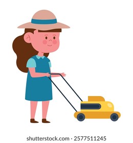 A girl pushing a lawnmower in cartoon style