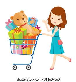 Girl pushing shopping cart full of gifts, goods, food, beverage, beauty, lifestyle