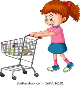 Girl pushing shopping cart with groceries illustration