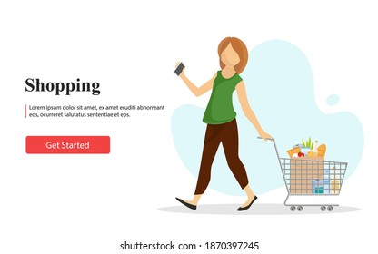 Girl Pushing Shopping Cart with Grocery Packaging in Supermarket Website Landing Page. Store Web Page Banner. Vector Illustration.