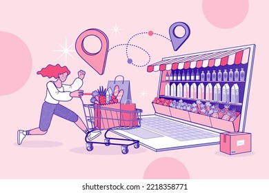 girl pushing a shopping cart. Internet digital store scene with woman shopping on laptop. E-commerce advertising illustration. Digital marketing. Vector