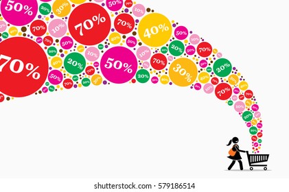 Girl pushing shopping cart on a sales day. Vector artwork depicts discount, sales, promotion, offers, and deals. 