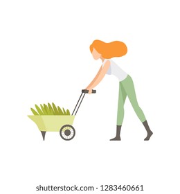 Girl pushing a wheelbarrow with seedlings, people working in the garden vector Illustration