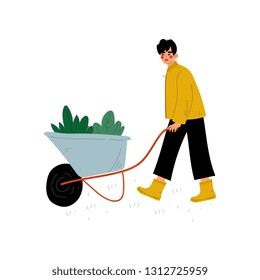 Girl Pushing Wheelbarrow with Seedlings, Young Woman Working in Garden or Farm Vector Illustration