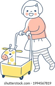 Girl pushing a wheelbarrow and walking