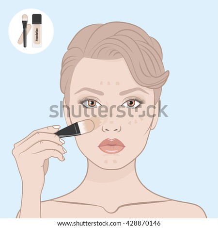 Girl put the foundation on her face. Scheme of correctly applying the foundation on the face. Directional arrows. Female face, bare shoulders and hand with brush for make-up. Beauty woman face