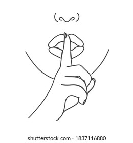 The girl put her index finger to her lips. Line art.