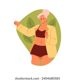 Girl put on or changing clothes. Young woman dressing up. Hand drawn illustration on abstract background.