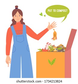 Girl puts banana skin in a compost bin. compost bin with organic material. Compost for home flowers, Illustration of bio, organic fertilizer. Save the planet concept.