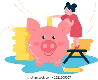 Girl puts a coin in a piggy bank. Children's financial literacy, the child is saving money. Pocket money for children