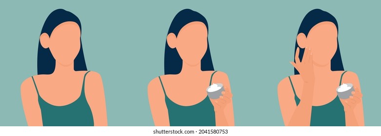 La chica le pone la crema en la cara. Una mujer con crema. Ilustración vectorial moderna, dibujada a mano, de personajes femeninos que aplican máscaras faciales de arcilla. Concepto de producto para belleza y cuidado de la piel.