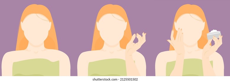 The girl puts the cream on her face.A woman with cream. Modern hand-drawn vector illustration of female characters applying clay face masks. Product concept for beauty and skin care.