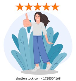 the girl puts a good review five stars vector illustration cartoon flat design