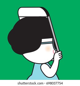 Girl Puts Her Head Into Large Mobile Cell Phone Concept Card Character illustration