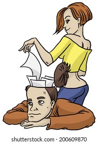 Girl puts in a man's head sheets of white paper. A series of cartoon characters.