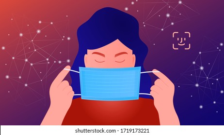 A girl puts a mask on her face, reading her face id with neural networks through the mask. Vector image in flat style.