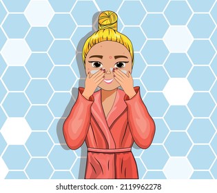 The girl puts a mask on her face. Routine in the bathroom. Skin care. Bathroom. Vector Stock illustration. Cartoon. Blue background.