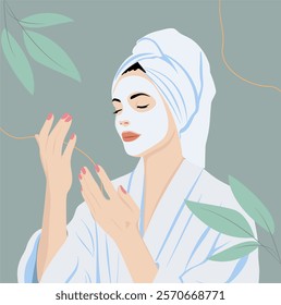 The girl puts a mask on her face. Facial skin care. Skin nutrition, hydration, skin radiance. An anti-age effect for a mature kodi. A woman takes care of herself. Home care spa salon