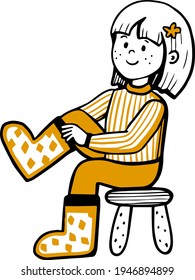 Girl Puts On Boots Vector Illustration.