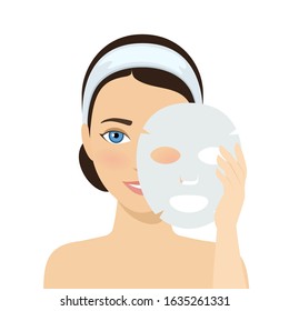 Girl puts on face sheet mask. Facial mask with serum, skincare product. Vector