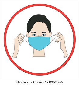 Girl puts on a medical mask. Sign - put on a medical mask. Stock Vector illustration.