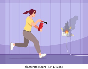 Girl puts out fire semi flat vector illustration. Scared young woman with fire extinguisher. House fire. Preventive measures. Faulty wiring 2D cartoon characters for commercial use