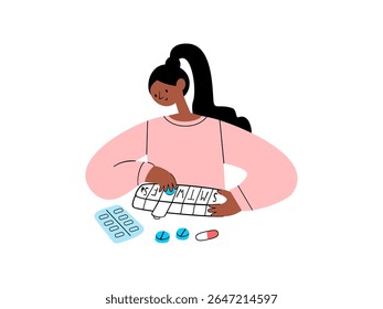 Girl puts pills in pill box. Vector hand drawn illustration.