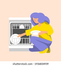 The girl puts the plate in the dishwasher. Young woman takes out clean dishes. Concept for housework. Vector illustration in flat style.
