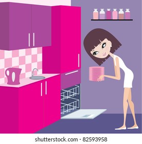 Girl puts plates in the dishwasher. vector, color full, no gradient