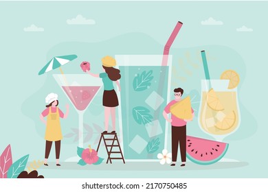 Girl puts raspberries in cooling cocktail. People preparing summer refreshing drinks. Various lemonades with pieces of fruit and ice. Barista preparing cold beverages for tourists. Vector illustration - Shutterstock ID 2170750485