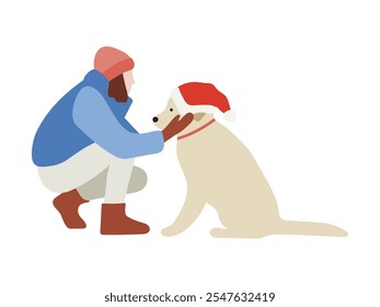 Girl Puts Santa Hat On Her Dog. Pet Friendly Christmas Illustration Isolated On White Background. Vector illustration