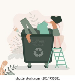 Girl puts t-shirt in container for recycling. Woman gives clothes second life. Recycling various old textiles. Conscious consumption concept. Caring for environment, eco fashion. Vector illustration