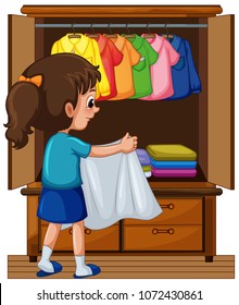 Girl putting away clothes in closet illustration