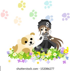 A girl putting on a black hat is with a big dog on a beautiful flower garden.