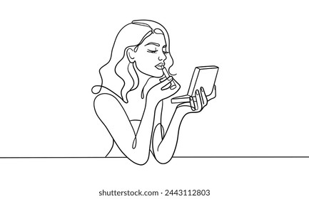 Girl putting on makeup continuous line art drawing isolated on white background. Makeup artist line art. Vector illustration