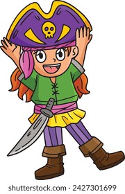 Girl Putting on Pirate Hat Cartoon Colored Clipart