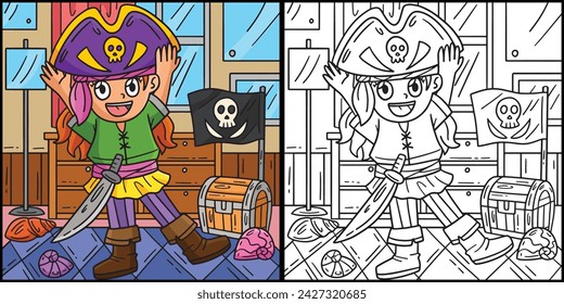 Girl Putting on a Pirate Hat Coloring Illustration