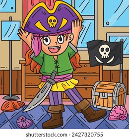 Girl Putting on a Pirate Hat Colored Cartoon 