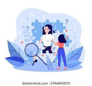 Girl putting together puzzle pieces of photo vector illustration. Cartoon drawing of woman reflecting on self, understanding feelings and reactions. Emotions, psychology, self-awareness concept