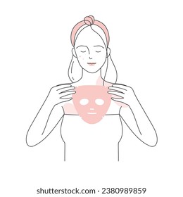 Girl putting treatment face sheet mask. Beauty care routine, problematic acne face treatment line vector illustration