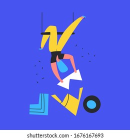 Girl with puzzle, acrobat flat vector illustration. Problem solving finding solution concept. Human hanging upside down doodle drawing. Female with geometric shapes isolated cartoon character