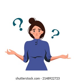 The girl is puzzled and does not know the right answer. Problem solving and choice. A thoughtful character. The complexity of the choice. Vector illustration