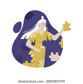 Girl with puzzles. Woman gathers herself piece by piece. Psychological insecurity. Self improvement and inner balance. Character looking for his life path or way. Cartoon flat vector illustration