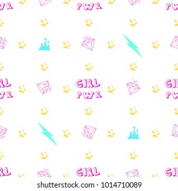Girl pwr seamless pattern with Fashion hand draw elements: Girl Pwr words, diamond, crown, star, lightning. Vector trendy illustration for notebook, textile, wallpaper, tshirt