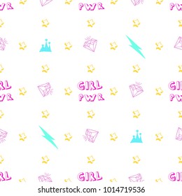 Girl pwr seamless pattern with Fashion hand draw elements: Girl Pwr words, diamond, crown, star, lightning. Vector trendy illustration for notebook, textile, wallpaper, tshirt