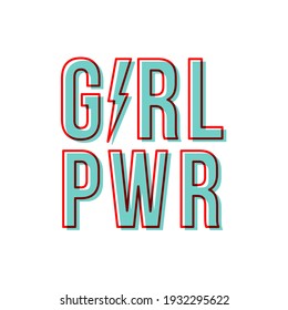 Girl pwr with thunderbolt. Motivational phrase. Feminist quote. Red outline. Red and blue.  Vector illustration, flat design