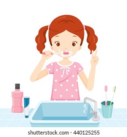Chica En Pajamas Cepándose Los Dientes En El Cuarto De Baño, Medicina, Odontología, Hospital, Control, Paciente, Higiene, Salud, Tratamiento