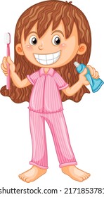 Girl in pyjamas holding toothbrush and toothpaste illustration